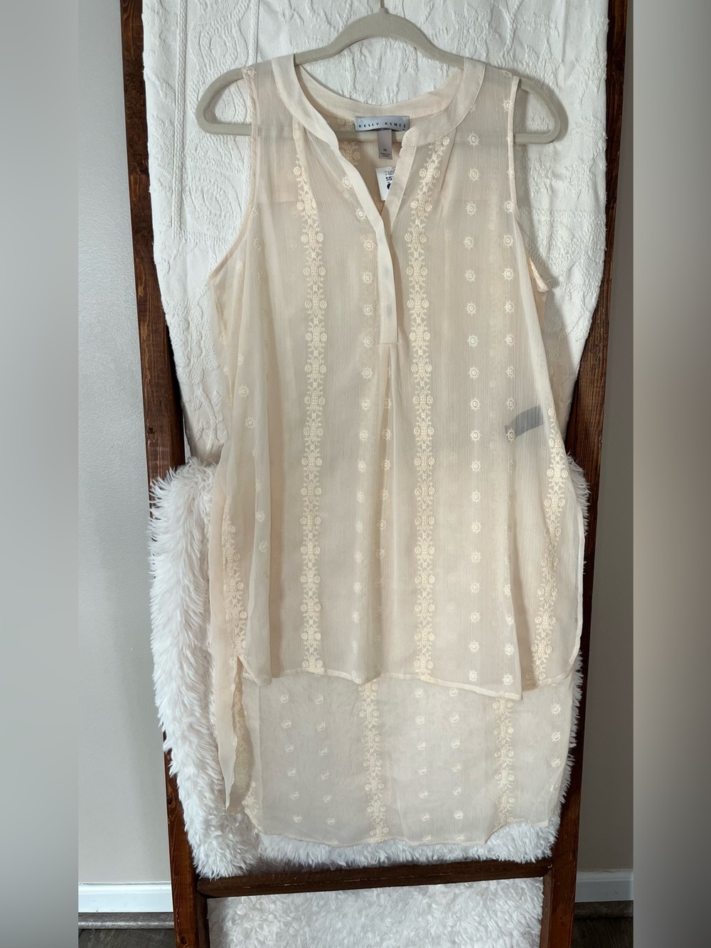 Kelly Renee Sheer Embroidered High-Low Tunic Top - Size Medium